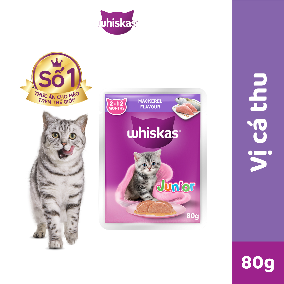Combo Whiskas mèo con 80g mix 2 vị (cá ngừ + cá thu) - 24 túi