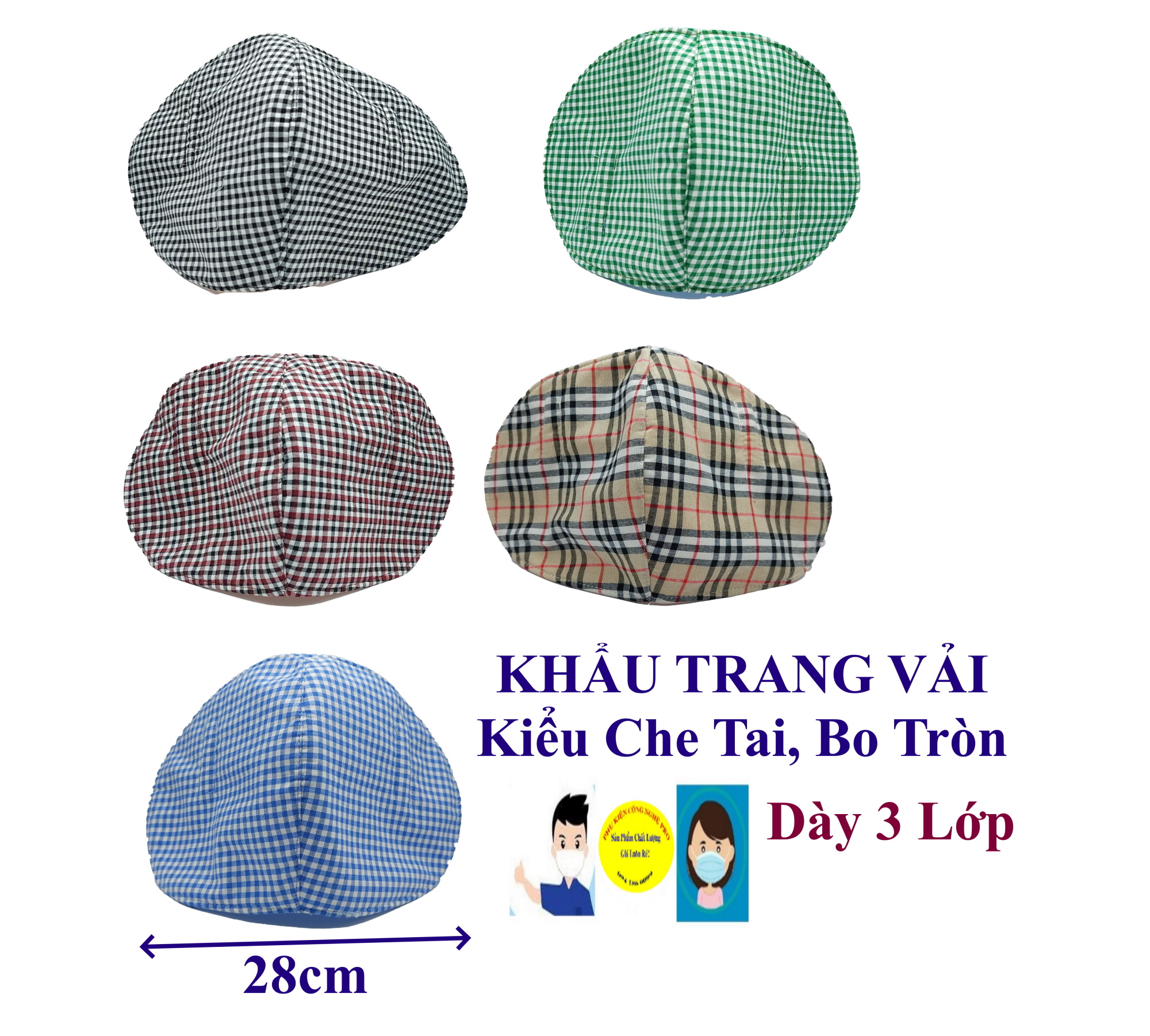 Khẩu trang vải kiểu che tai bo tròn Chất liệu vải dày 3 lớp Thêu sọc vuông nhỏ, Chống nắng, Chống bụi, Bảo vệ sức khỏe