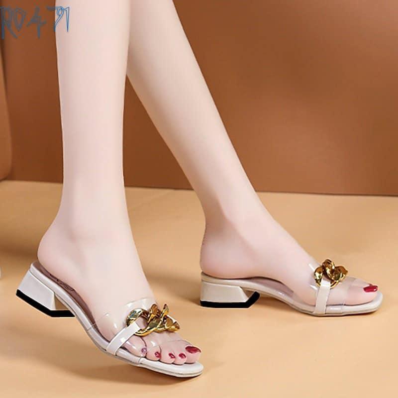 Dép nữ cao gót sandal quai ngang 2 phân hàng hiệu rosata hai màu đen kem ro471