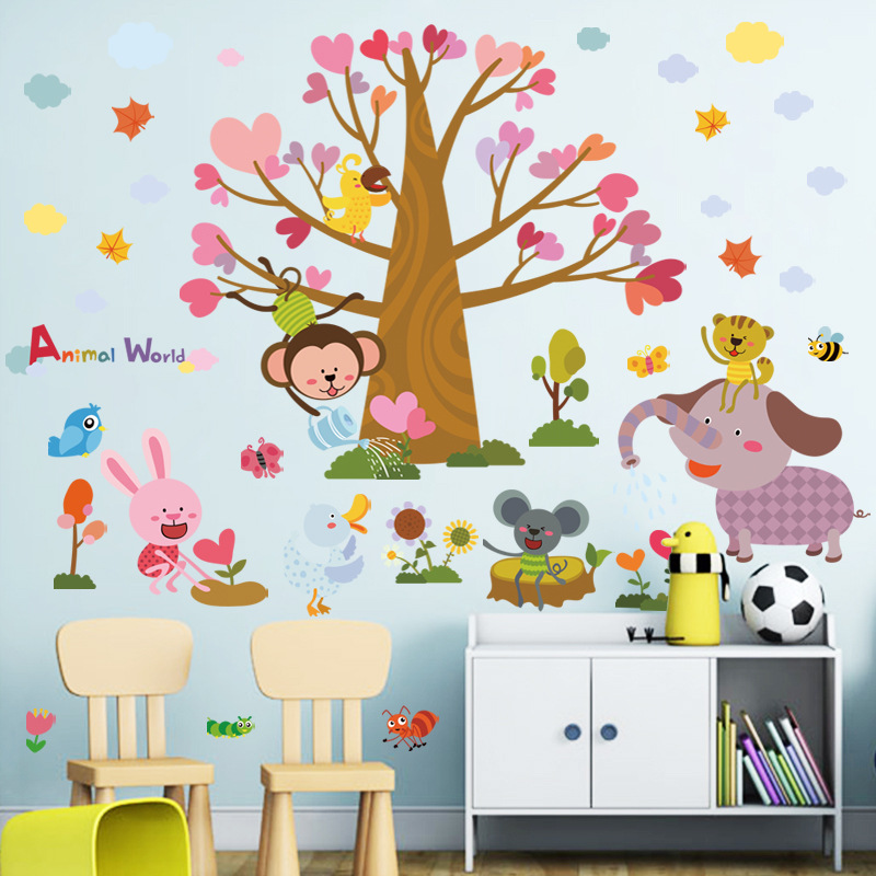 Decal dán tường vườn thú cây hạnh phúc trái tim đáng yêu trang trí phòng trẻ em