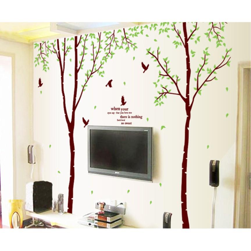 Decal trang trí tường - 2 Cây mỏng lá xanh nhí Chim Đen size lớn