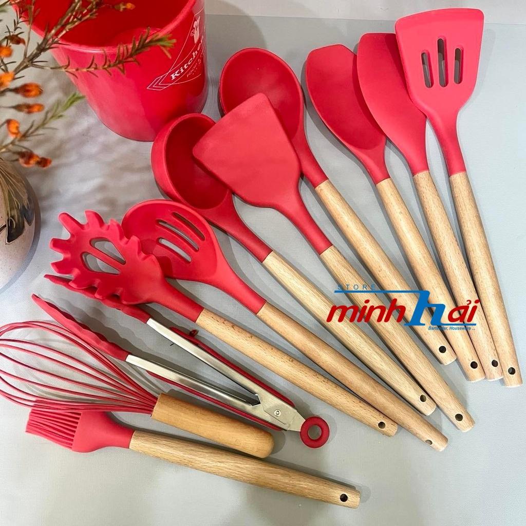 COMBO 12 món Giống hình, Bộ dụng cụ làm bánh CHỊU NHIỆT SILICCON CÁN GỖ CAO CẤP. Phơi, gấp, xẻng, vá, sạn