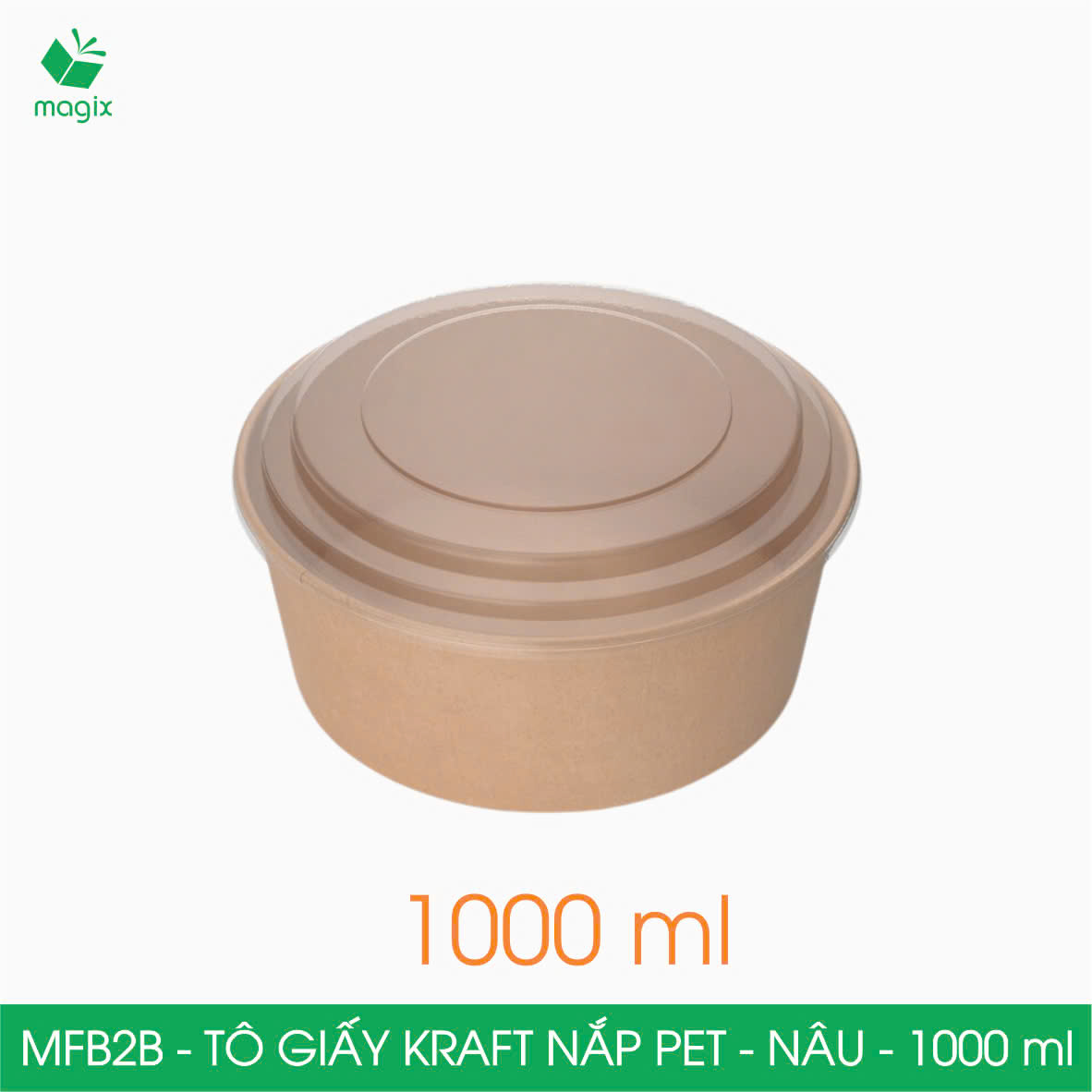 Mfb2B - 1000Ml - 100 Tô Giấy Kraft Nâu Nắp Pet - Bát Giấy Đựng Thực Phẩm