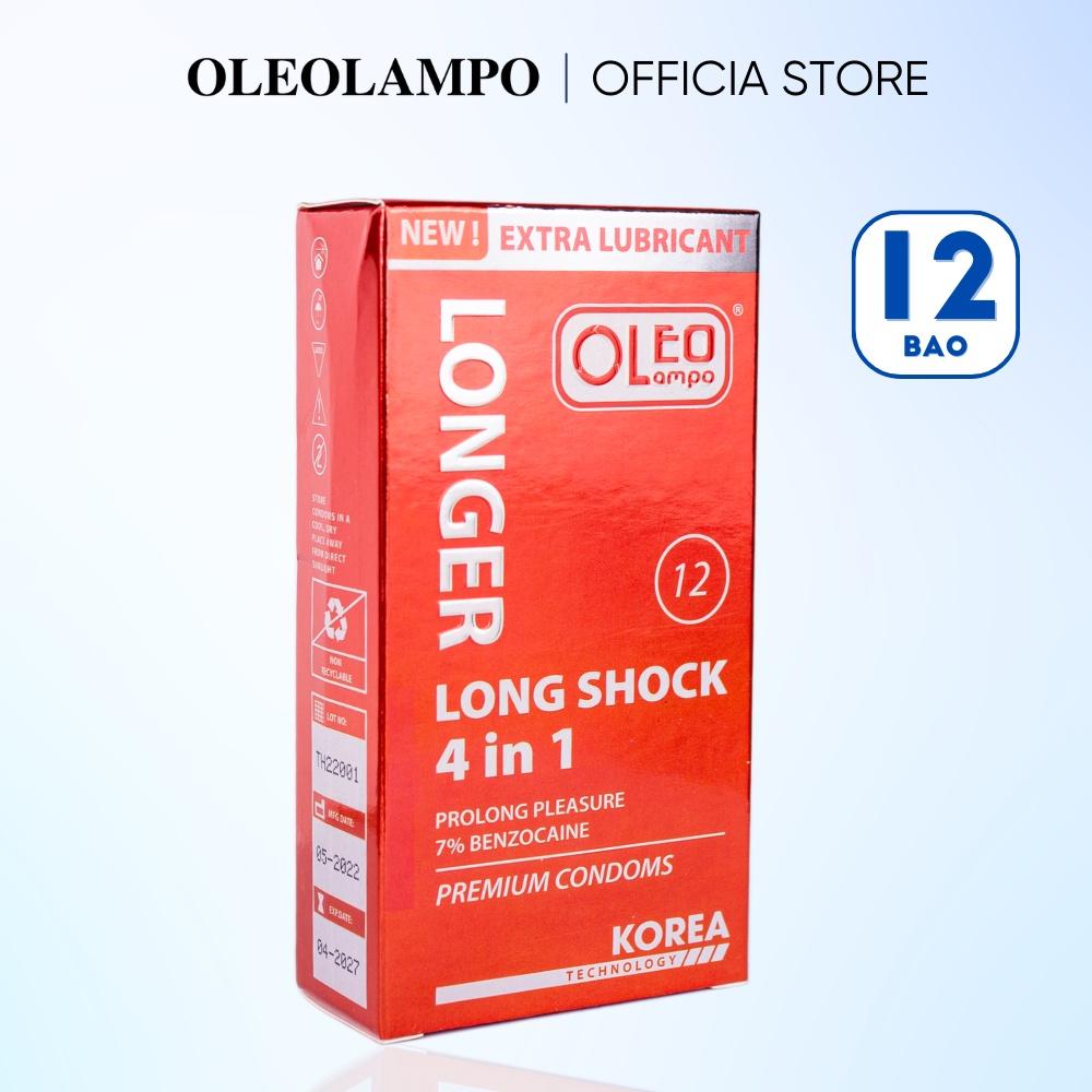Bao cao su gân gai OLEO LAMPO Long Shock 4 in 1 Extra Lubricant gai êm nhiều gel tăng cường khoái cảm, hộp 12 chiếc
