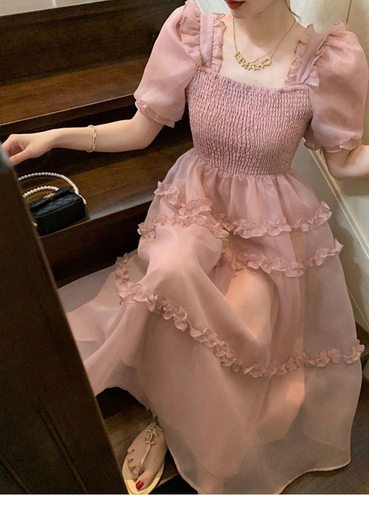 TOBE1SHOP Váy màu hồng nàng tiên Pháp ren Bouffant váy công chúa váy bánh váy lưới nàng tiên thắt lưng đầm
