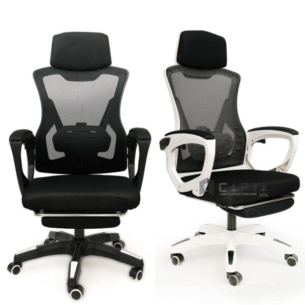 Ghế gaming khung nhựa trắng lưng lưới đen CR4312-2M Nội thất Capta Ghế làm việc tại nhà ngả lưng gác chân