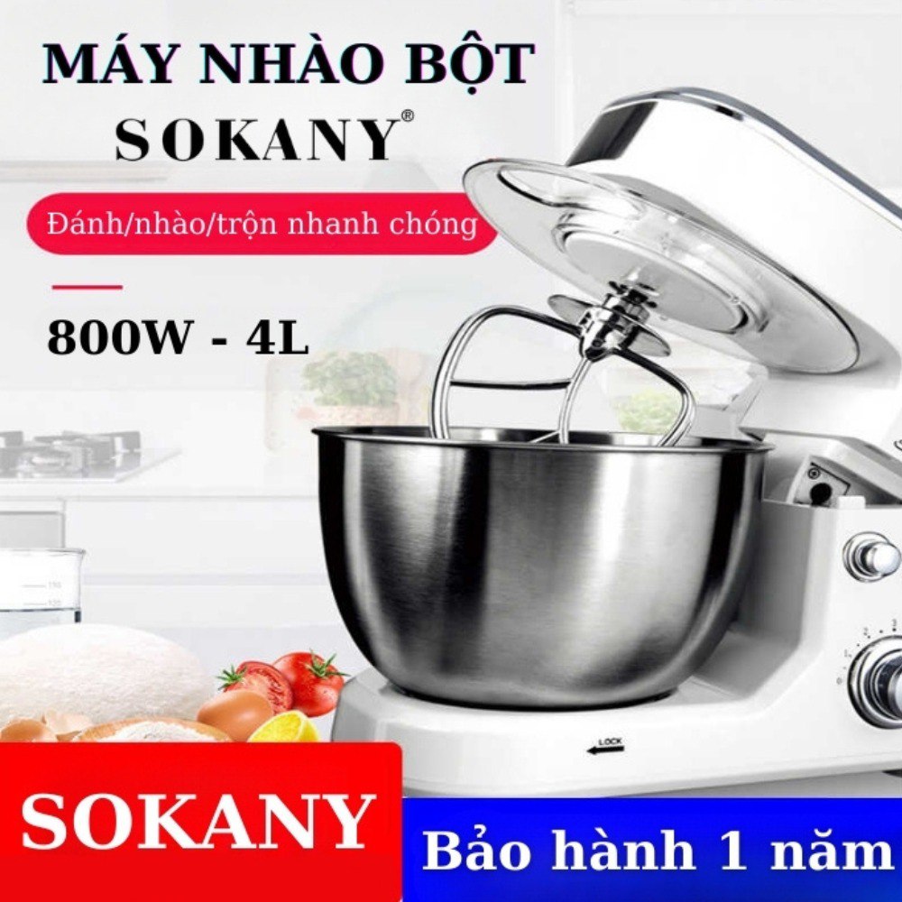 Máy đánh trứng trộn bột để bàn SOKANY SC-209, công suất lớn 800W,  cối INOX 4L trộn bột, nhào bột tự động - HÀNG CHÍNH HÃNG - DELIYA