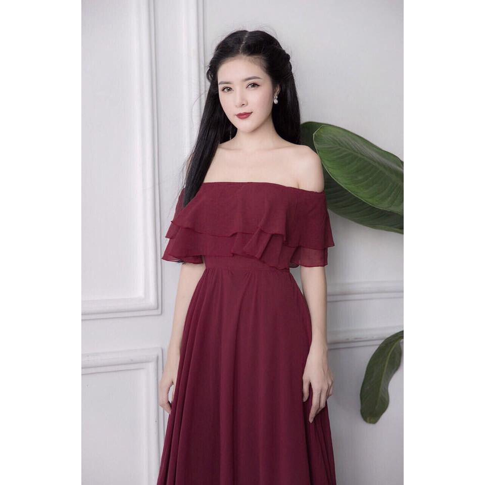 ĐẦM MAXI BÈO TRỄ VAI 2 TẦNG ( Đỏ đô)