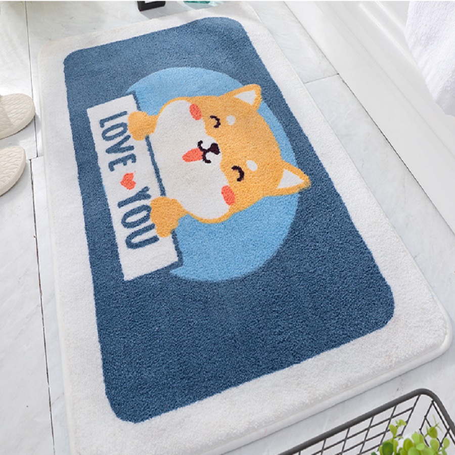 Thảm Lau Chân Lông Xù Chống Trượt Hình Chó Shiba Love You 45x65cm