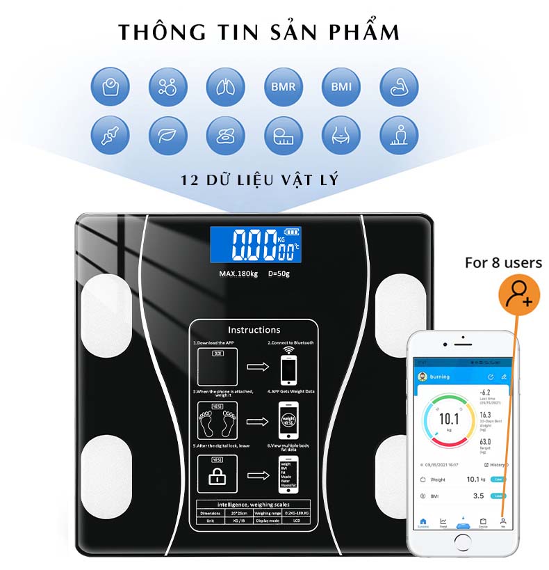 Cân Sức Khỏe Điện Tử Galen G019 Hỗ Trợ Phân Tích Lượng Mỡ Trên Cơ Thể, Kiểm Soát Cân Nặng, Theo Dõi Sức Khỏe Thông Qua Kết Nối Bluetooth Thông Minh Trên Điện Thoại