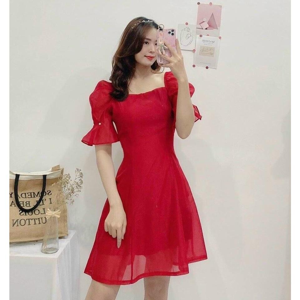 Đầm Tay Nhún Đính Ngọc, Cổ Vuông, 2 Màu Tinh Tế