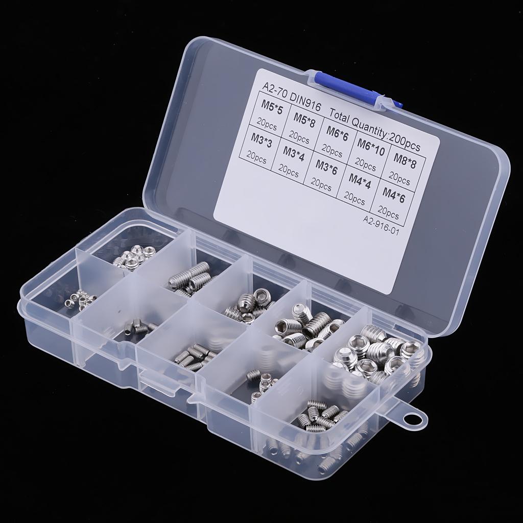 New 200pcs Stainless Steel Head Socket Hex Set Grub Screw Assortment Kit M3-M8