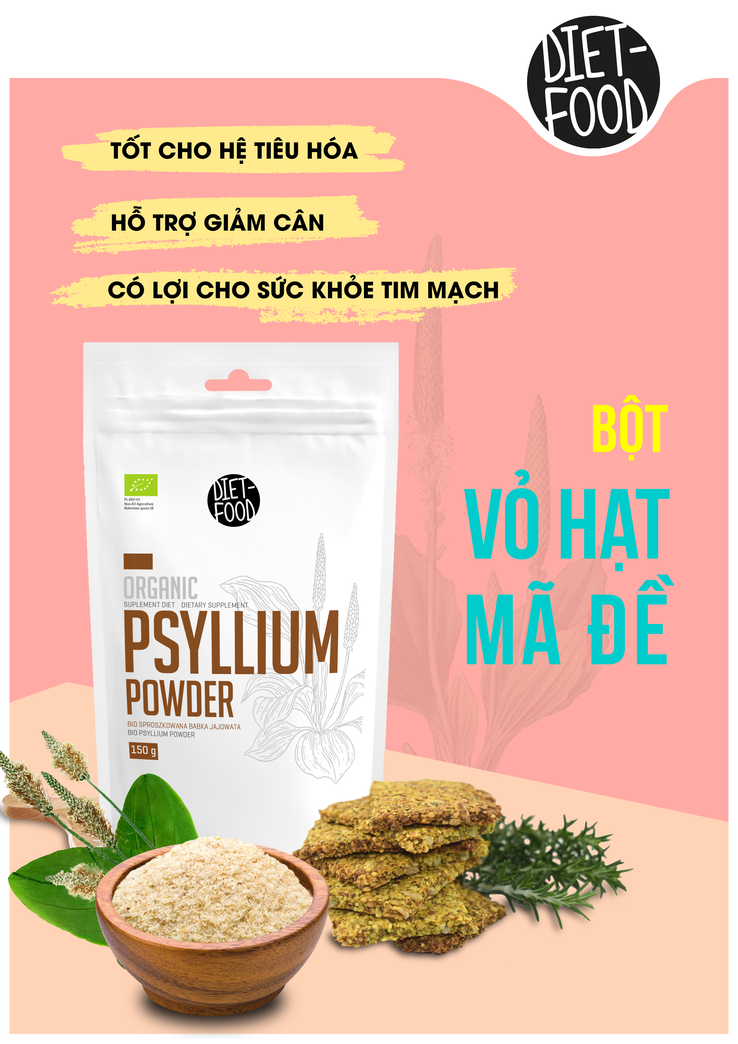 Bột vỏ hạt mã đề hữu cơ 150g Diet Food Organic Psyllium