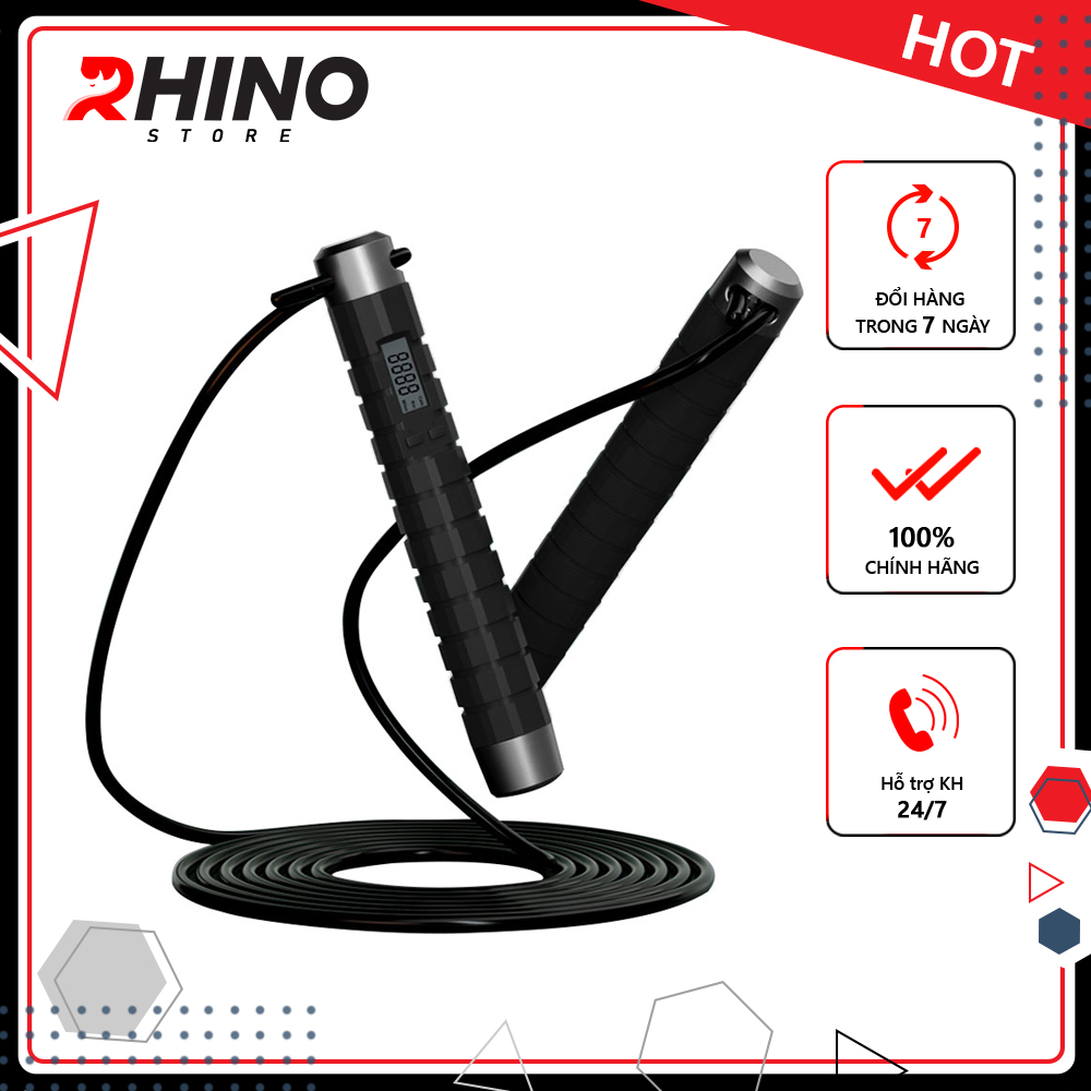 Dây Nhảy Thể Thao Lõi Thép Cao Cấp Rhino J501 Tự Động Đếm Số, Tích Hợp Đo Calo, Quãng Đường, Độ Dài Dây Tùy Chỉnh - Dùng Cho Muay Boxing Kickboxing - Hàng Chính Hãng - Đen