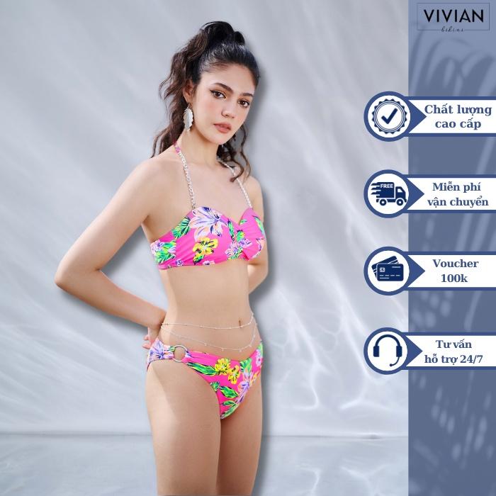 Đồ bơi nữ cao cấp dạng hai mảnh may lộn phối dây xích bạc - Hồng - VS171_PK