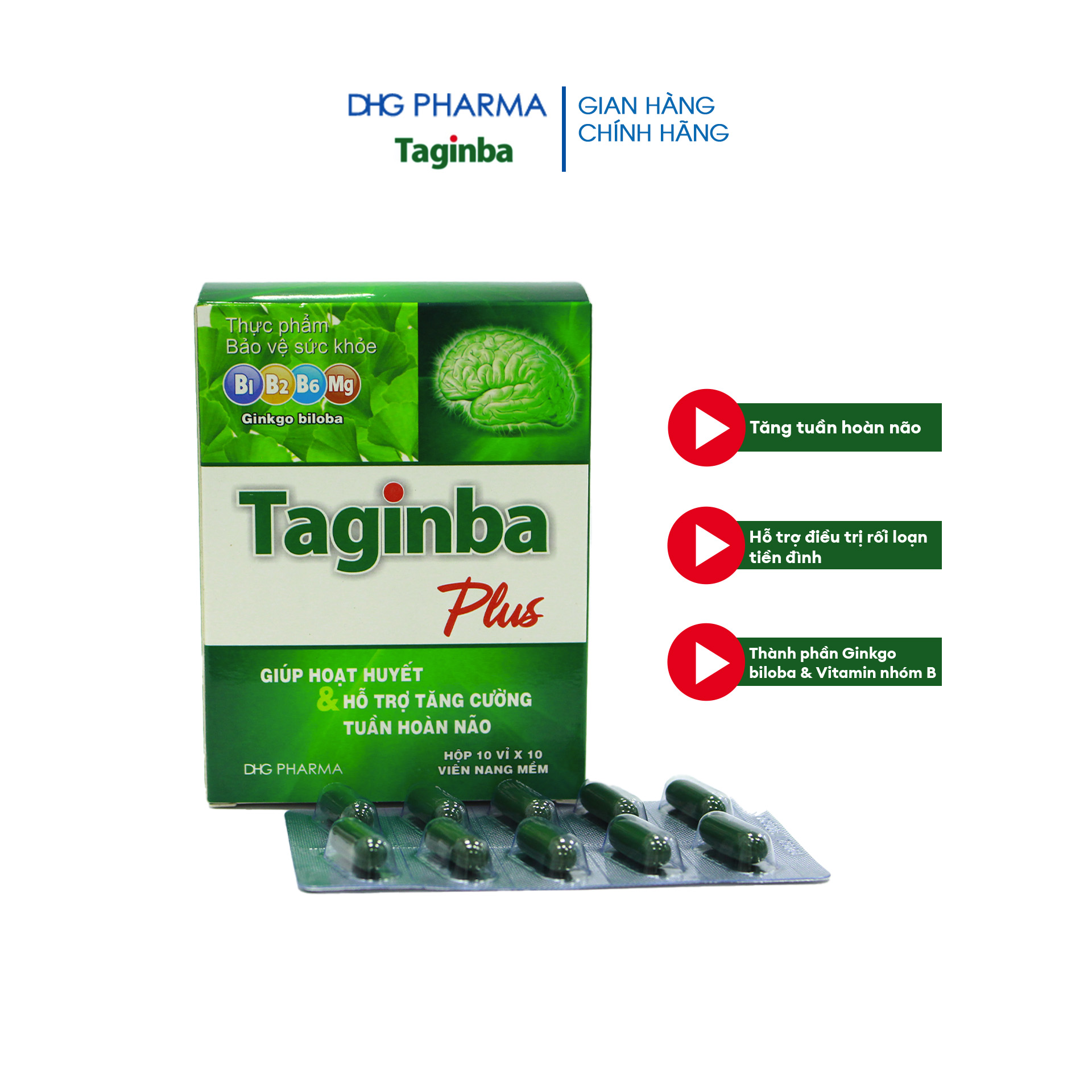 TPCN Taginba Plus hỗ trợ hoạt huyết, tăng cường tuần hoàn não Hộp 10 vỉ x 10 viên - Chính hãng DHG Pharma