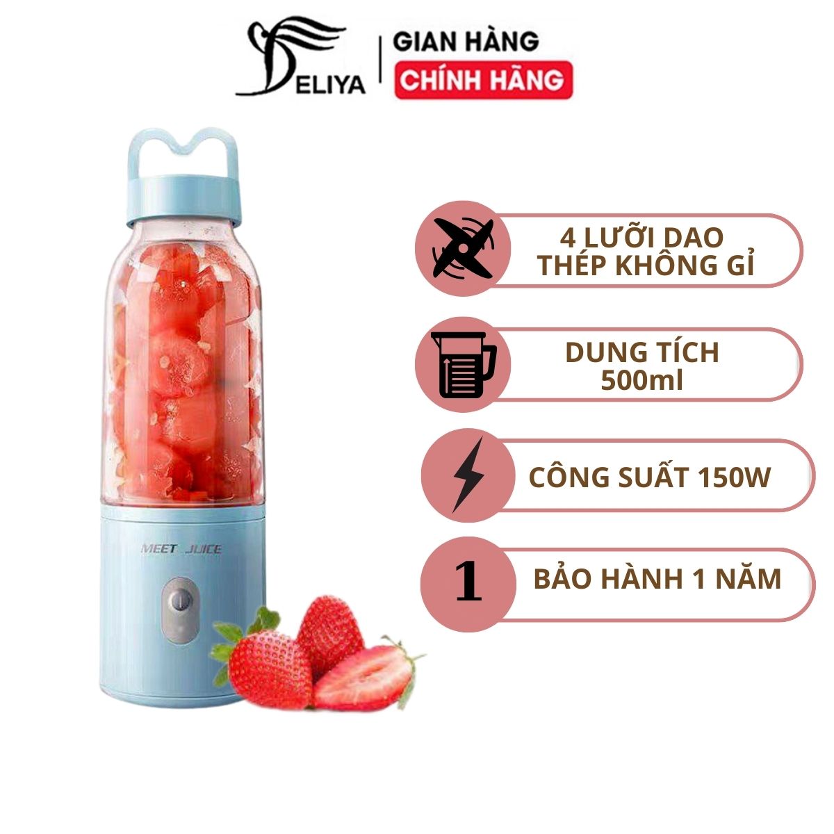 Máy Xay Sinh Tố, Hoa Quả Mini Cầm Tay Deliya 500Ml - Hàng Chính Hãng - Meetjuice - Màu Xanh