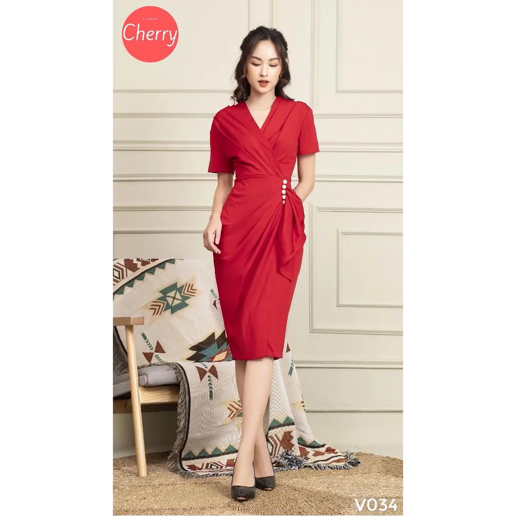 Váy nữ thiết kế liền thân dáng maxi chân váy dài cá tính CHERRY đầm nữ body chéo eo có đính hạt V034