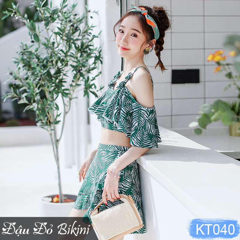 Bộ bơi 2 mảnh nữ áo bèo sen nữ tính, áo tắm bikini quần váy điệu đà, chất thun bơi lạnh cao cấp Lycra dày dặn mịn mát, phom chuẩn đẹp | KT040