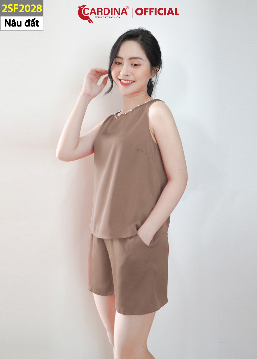 Đồ Bộ Nữ CARDINA Chất Lụa Satin Cao Cấp Quần Đùi Áo Sát Nách Cổ Đính Cúc Ngọc 2SF20