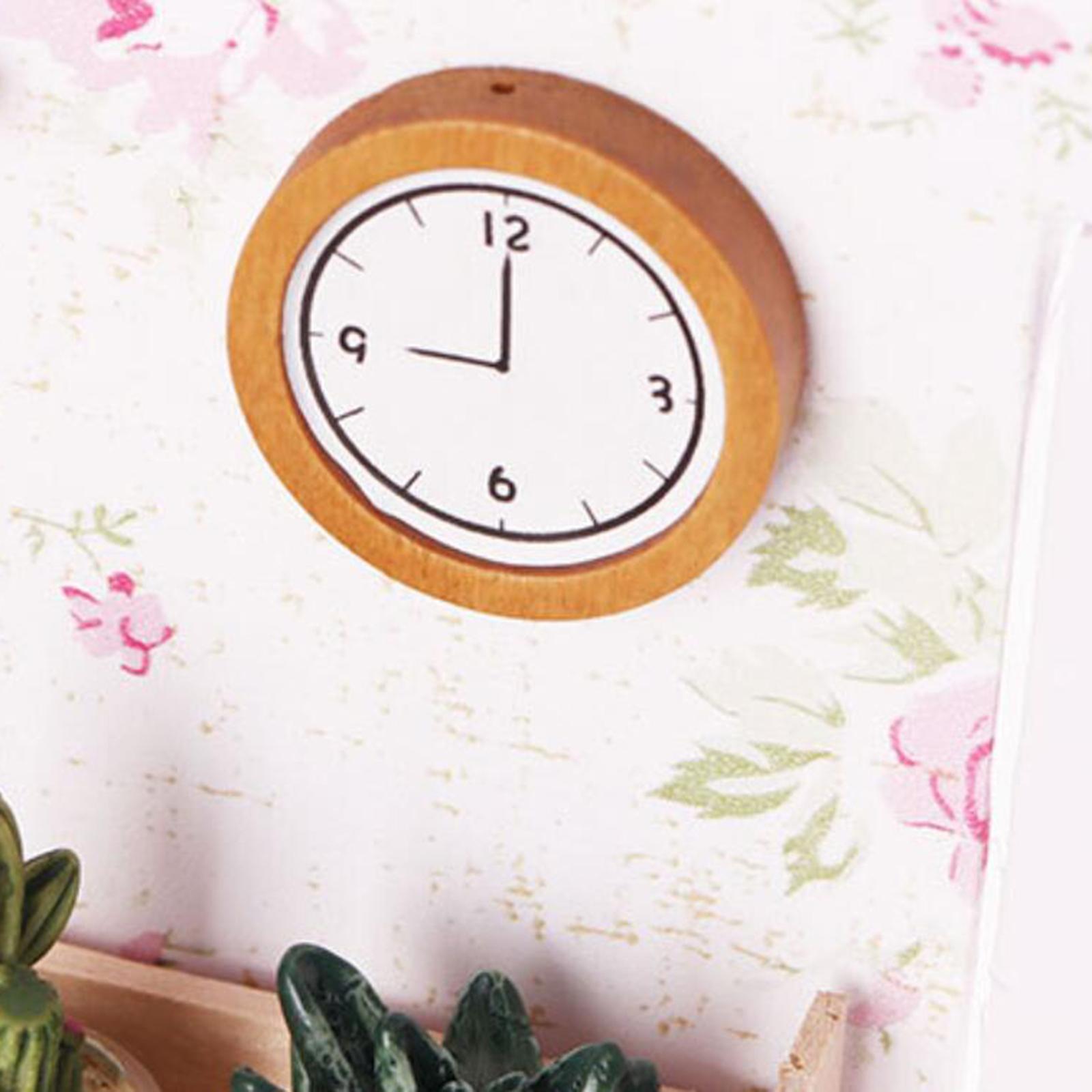 2PCS Round Wood Wall Clock Miniature for 1:12 Dollhouse Furniture Model Toy