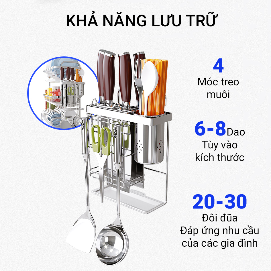 Kệ Để Chén Bát Đĩa INOX 304 kèm khay ráo nước cao cấp VANDO, giá úp bát khô ráo trên bàn bếp