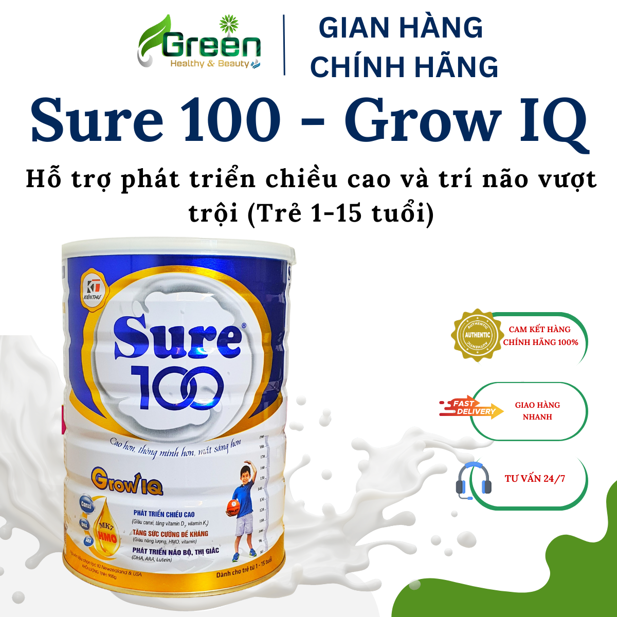 Sữa Sure 100 Grow IQ - Cao hơn, thông minh hơn, mắt sáng hơn (H/900g)