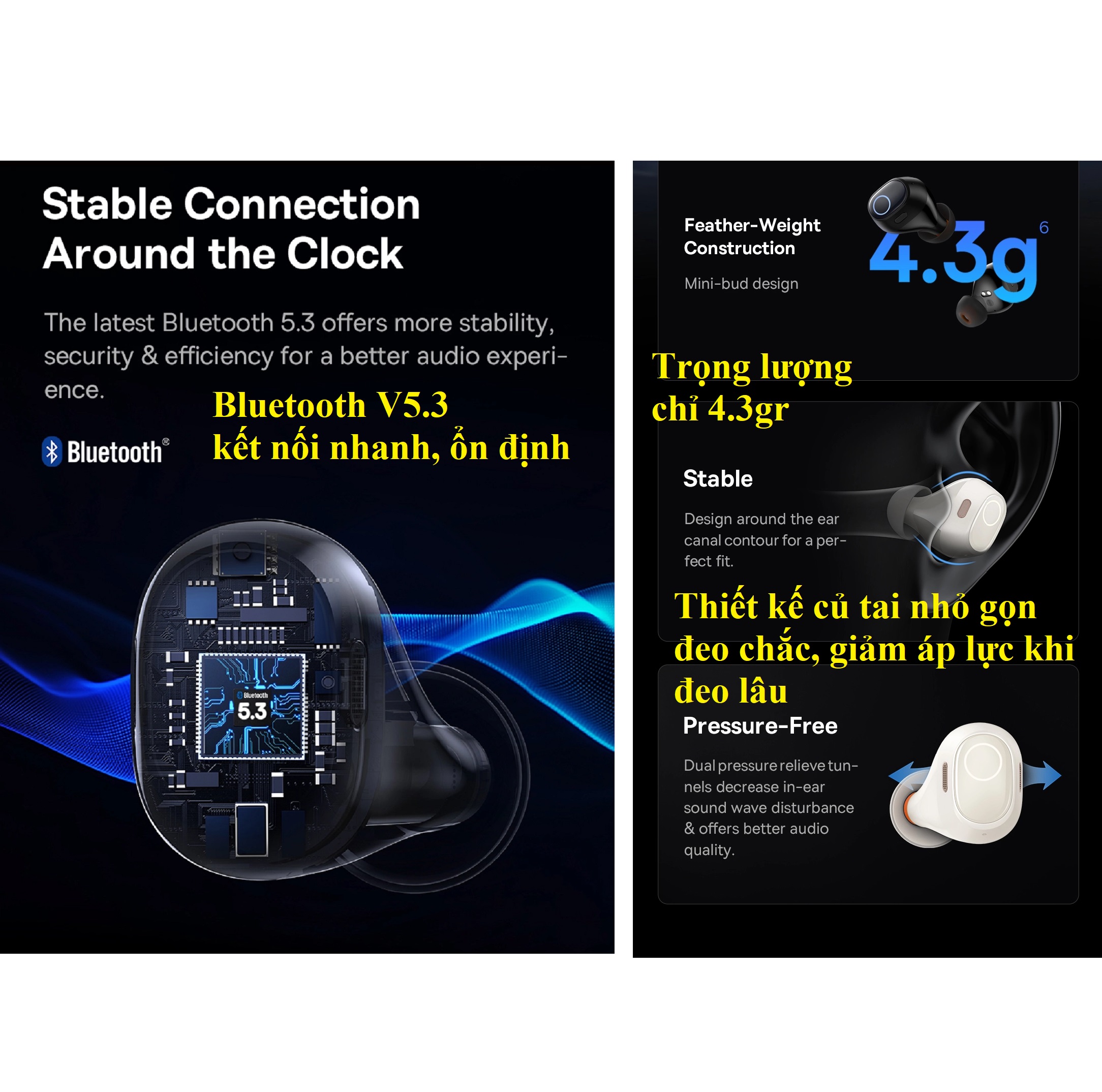 Tai nghe nhét tai không dây Bluetooth V5.3 độ trễ siêu thấp App cài đặt pin lâu Baseu Bowie WM03 _ Hàng chính hãng