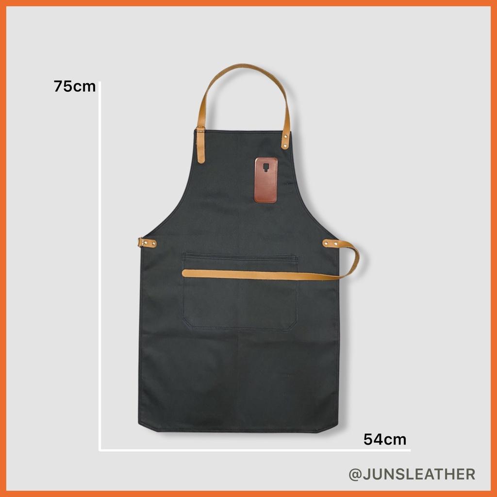 Tạp dề pha chế vải canvas dây da của Junsleather phối da bò cao cấp dành cho Barista/Bartender quán cà phê