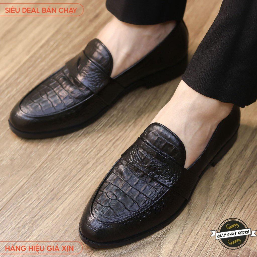 Giày lười da nam - Giày da nam công sở dập vân cá sấu - Đế cao su non cao 3cm Mã v56 Hàng Việt