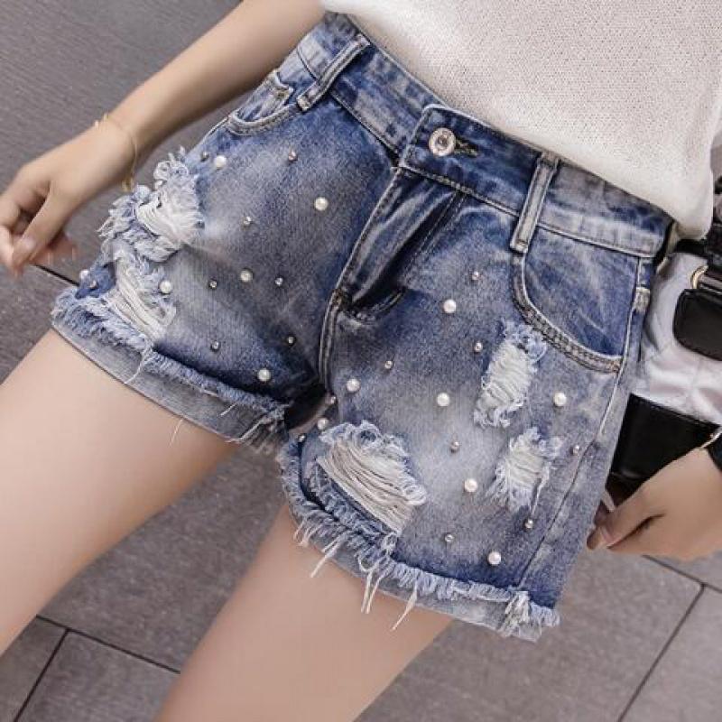 Quần Short Denim Siêu Mỏng Dáng Chữ a Ống Rộng Phối Rách Đính Hạt Cho Nữ