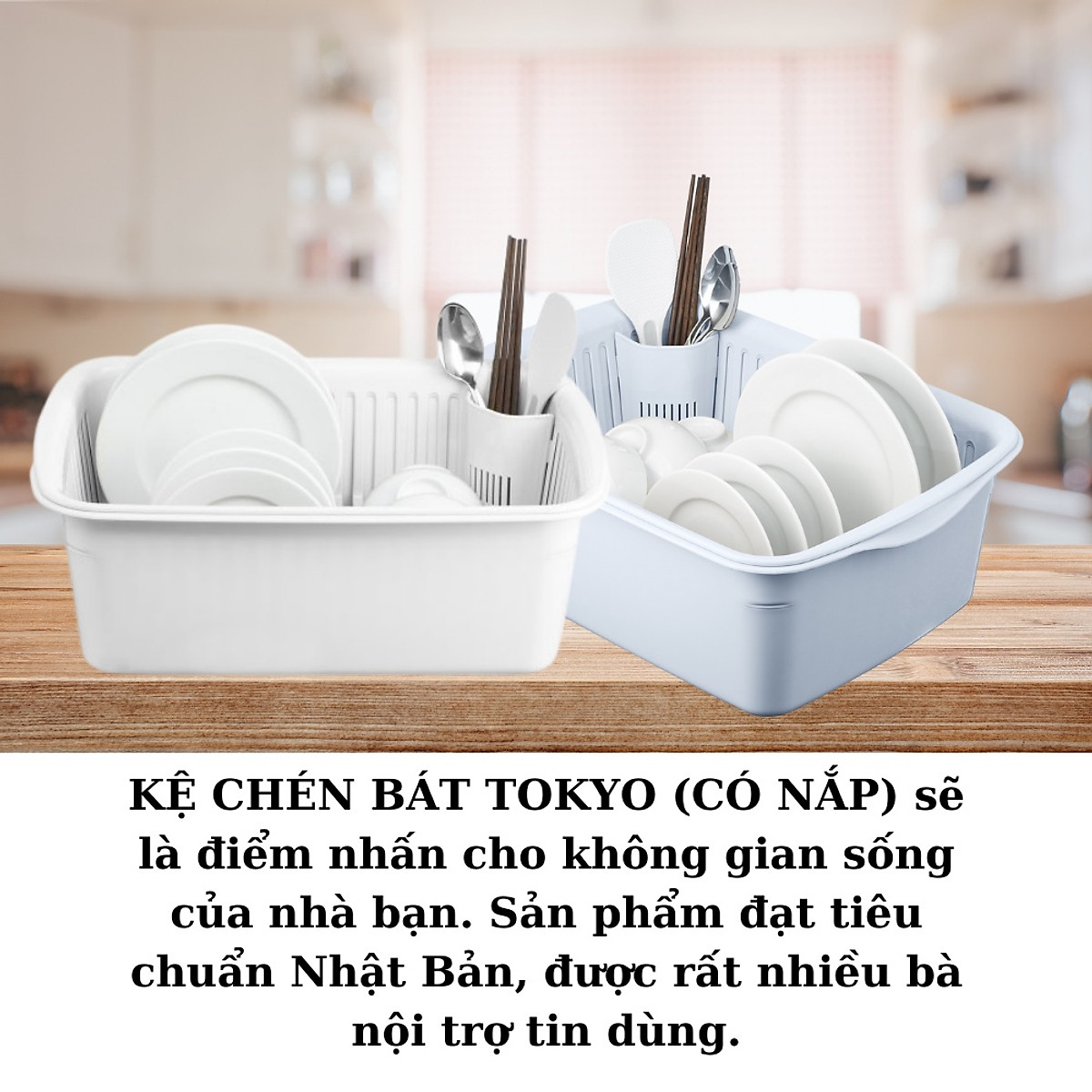 Kệ Để Chén Bát Tokyo Có Khay Hứng Nước Và Nắp Đậy Trong Suốt Chuẩn Nhật- Hàng Chính Hãng Inochi