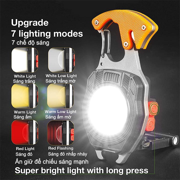 Đèn led mini kiêm móc khóa, tua vít, còi, quẹt điện, mở nắp chai đa năng dùng pin sạc