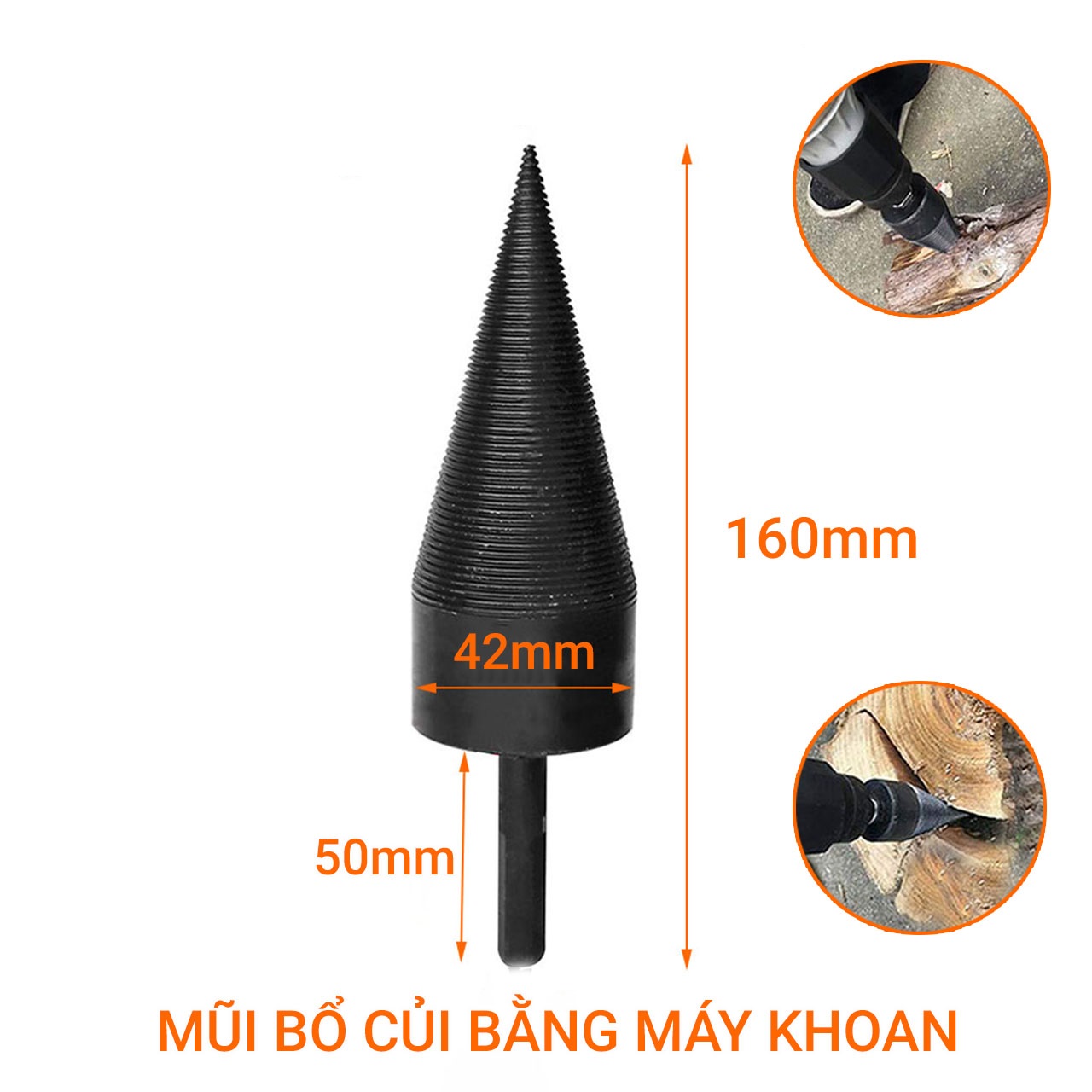 Mũi chẻ củi bằng máy khoan 42mm tặng kèm 1 đoi găng tay bảo hộ cảm ứng