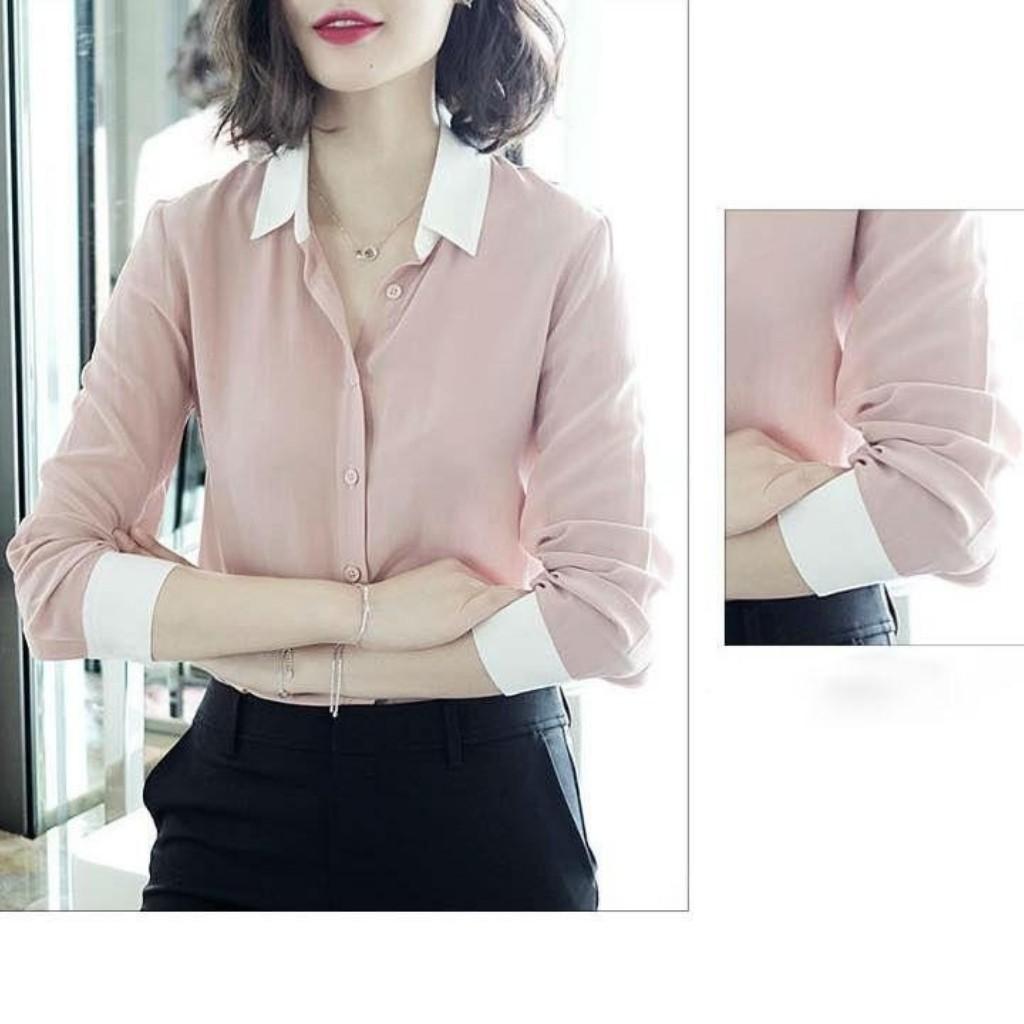 Áo Sơ Mi Nữ Trơn Dài Tay Viền Cổ Trắng L3 Chất Kate Mềm Mịn, Tạo Cảm Giác Thoải Mái Cho Người Mặc