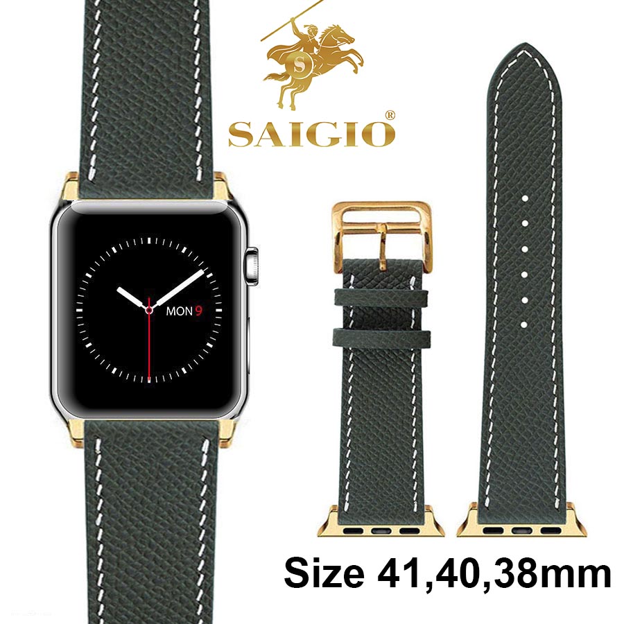 Dây Đồng Hồ Apple Watch 41mm 40mm 38mm, Chất Liệu Da Bê EPSOM Thảo Mộc Cao Cấp, Nhập Khẩu Từ Châu Âu, Dây Đeo Phong Cách Hiện Đại và Sang Trọng, Tương Thích Các Phiên Bản Series 8/7/6/5/4/3/2/1/SE/SE2 - Xanh Midnight/Chỉ Trắng - ADAPTER VÀNG