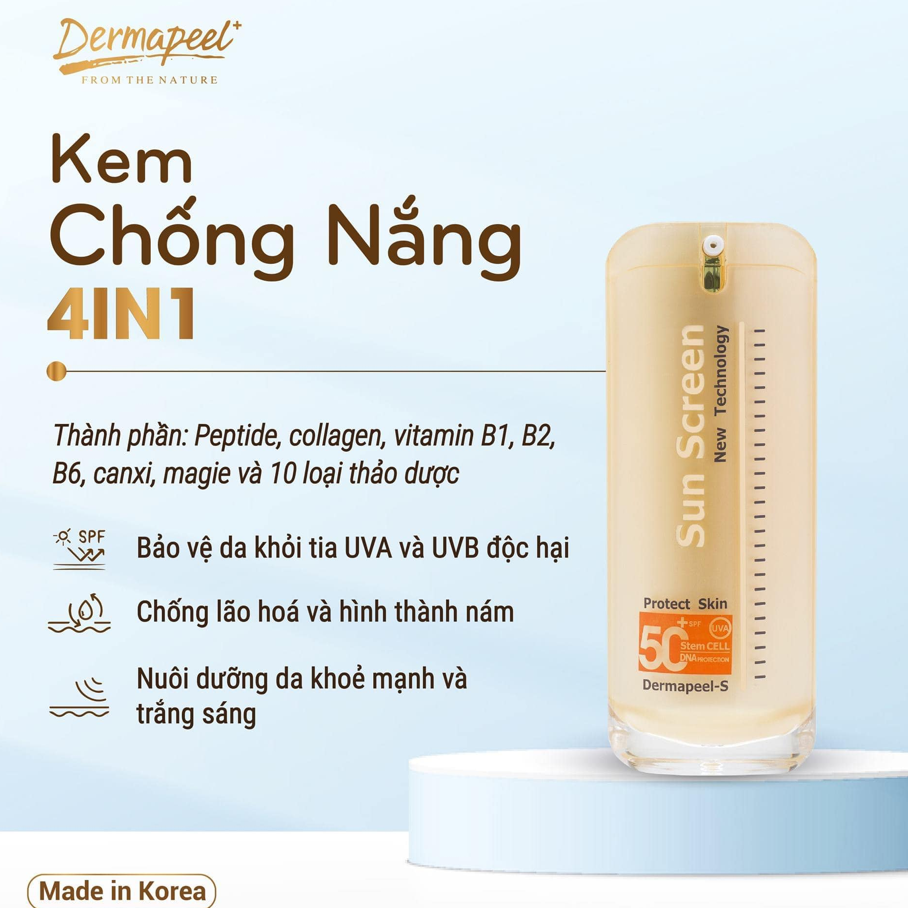 KEM CHỐNG NẮNG CAO CẤP DERMA PEEL+ SUN SCREEN SPF50+ Chống nắng Vật Lý - MAKUP Lớp Nền Hoàn Hảo - DƯỠNG DA HÀN QUỐC