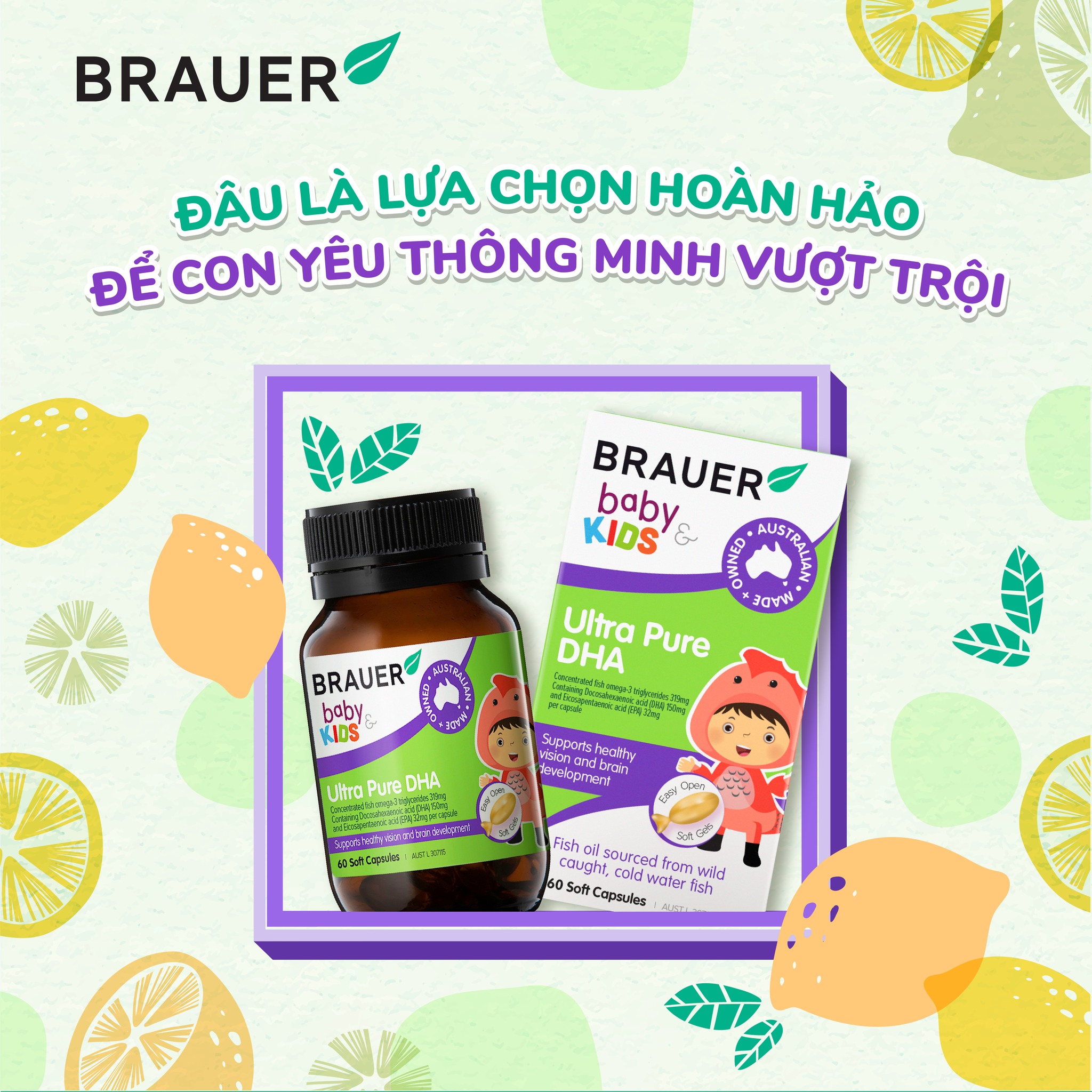 DHA dầu cá tuyết tinh khiết cho trẻ sơ sinh, trẻ nhỏ Brauer DHA Úc giúp phát triển trí não, tăng khả năng tập trung, cải thiện thị lực-OZ Slim Store