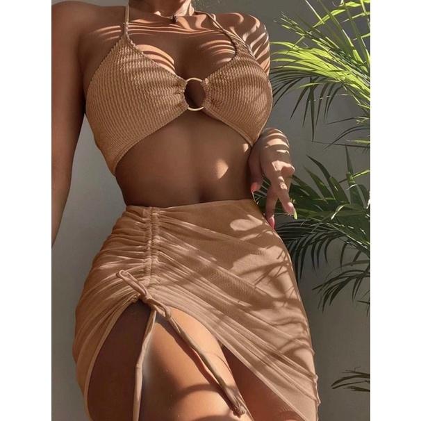 Bikini 3 mảnh kèm chân váy sexy màu xanh biển