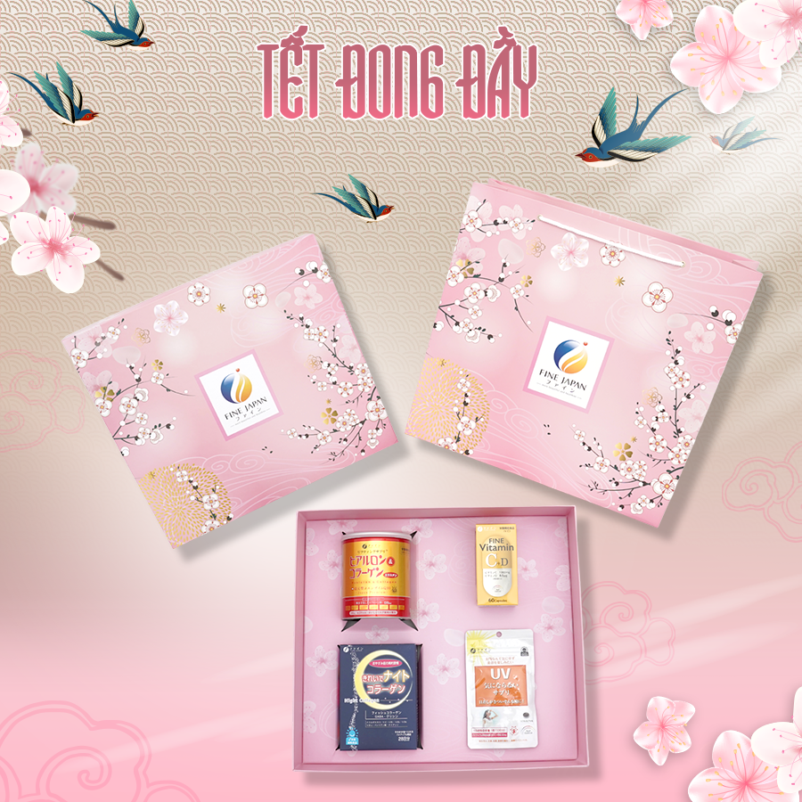 [Hộp quà Tết 2023] SAKURA TẾT ĐONG ĐẦY Fine Japan tặng người phụ nữ bạn yêu (Collagen, Vitamin CD, Viên uống chống nắng, bột uống ngủ ngon)