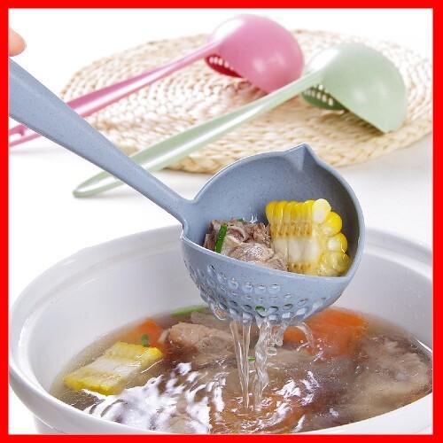 Muôi vá múc canh có lỗ thoát nước nhựa lúa mạch cán dài dễ dàng vớt thức ăn đảm bảo an toàn màu xanh hồng