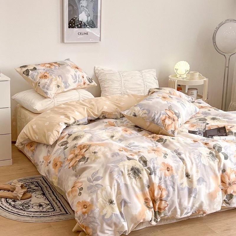 Bộ Chăn Ga Gối Cotton Living 100%cotton Hàng Nhập Khẩu Cao Cấp 4 Món Hoa Nâu