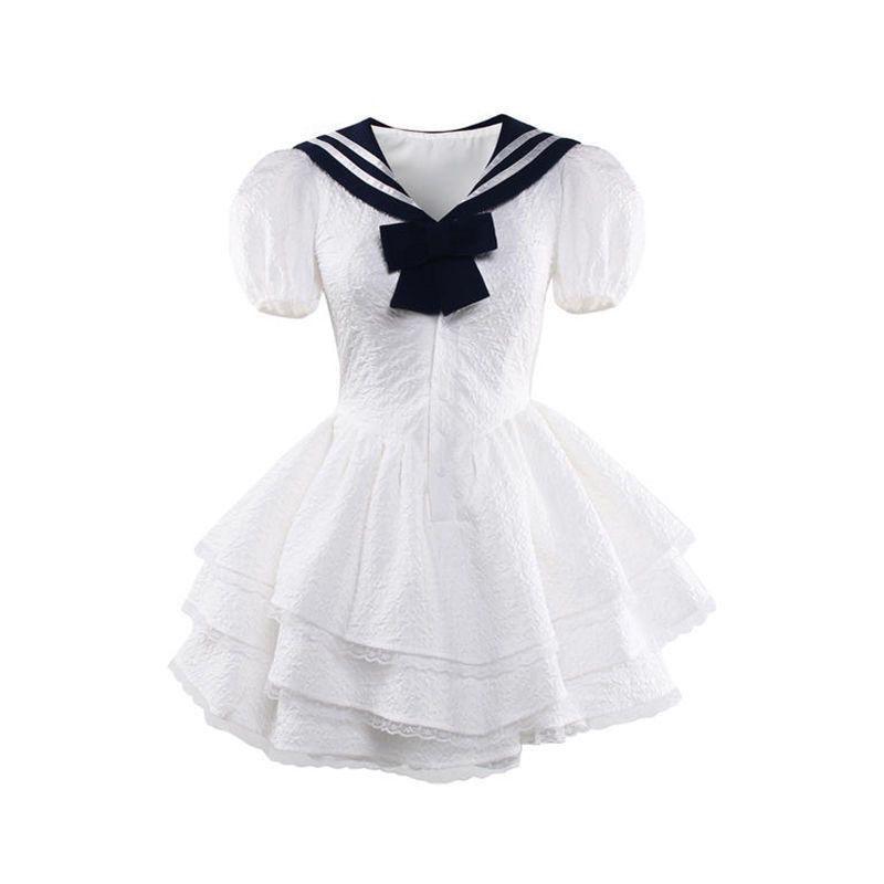 SHUANGYAN Hải quân cổ Ultra Fairy Bouffant váy cho phụ nữ mùa hè ren ren nhỏ bong bóng tay áo thắt lưng đầm cao eo