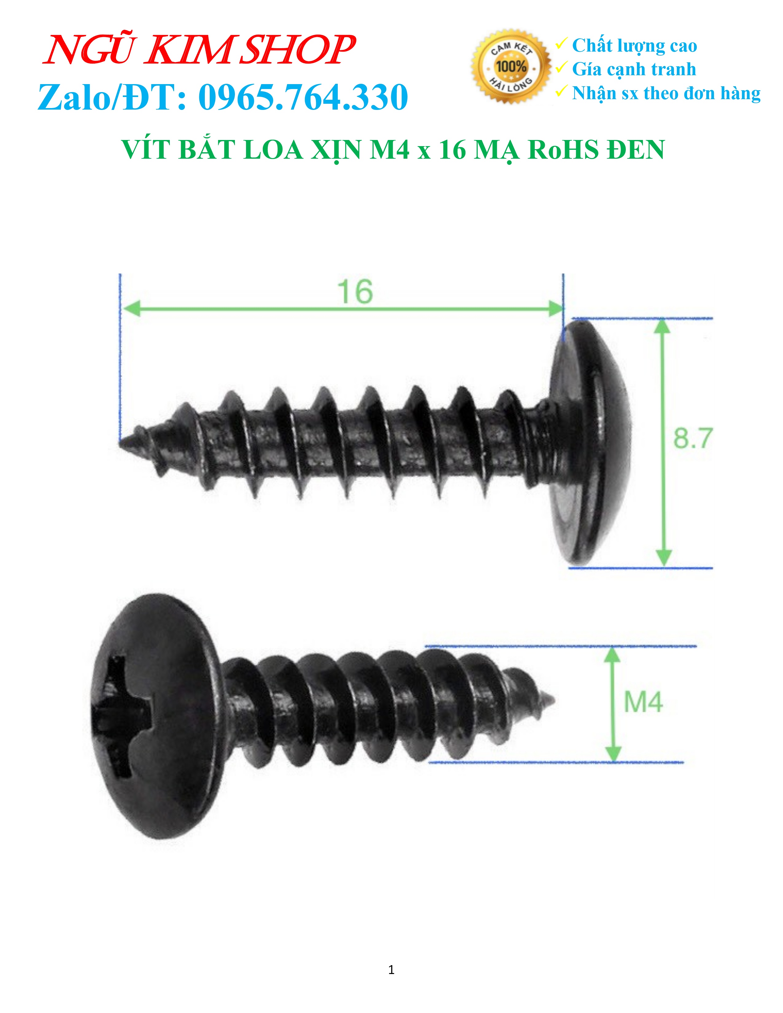 VÍT BẮT LOA XỊN _ M4 x 16 XI RoHS ĐEN