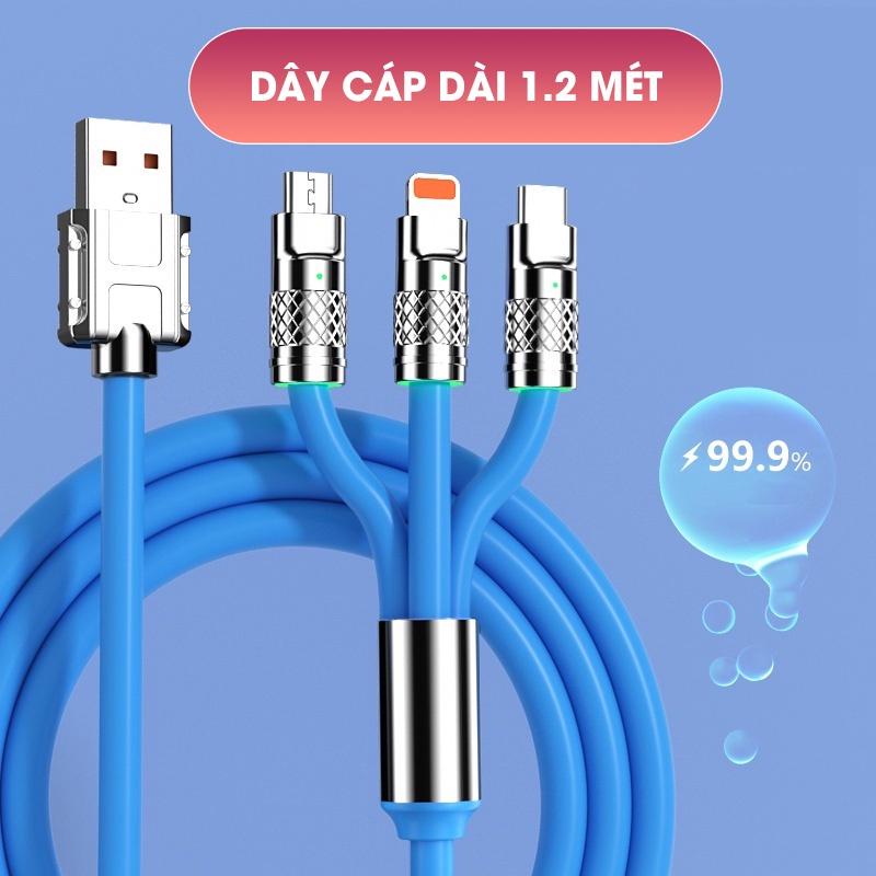 Cáp Sạc 3 dây Trong 1 120W 6A Cổng USB Bằng Silicone Và Hợp Kim Kẽm Sạc Nhanh Bảo hành 12 Tháng
