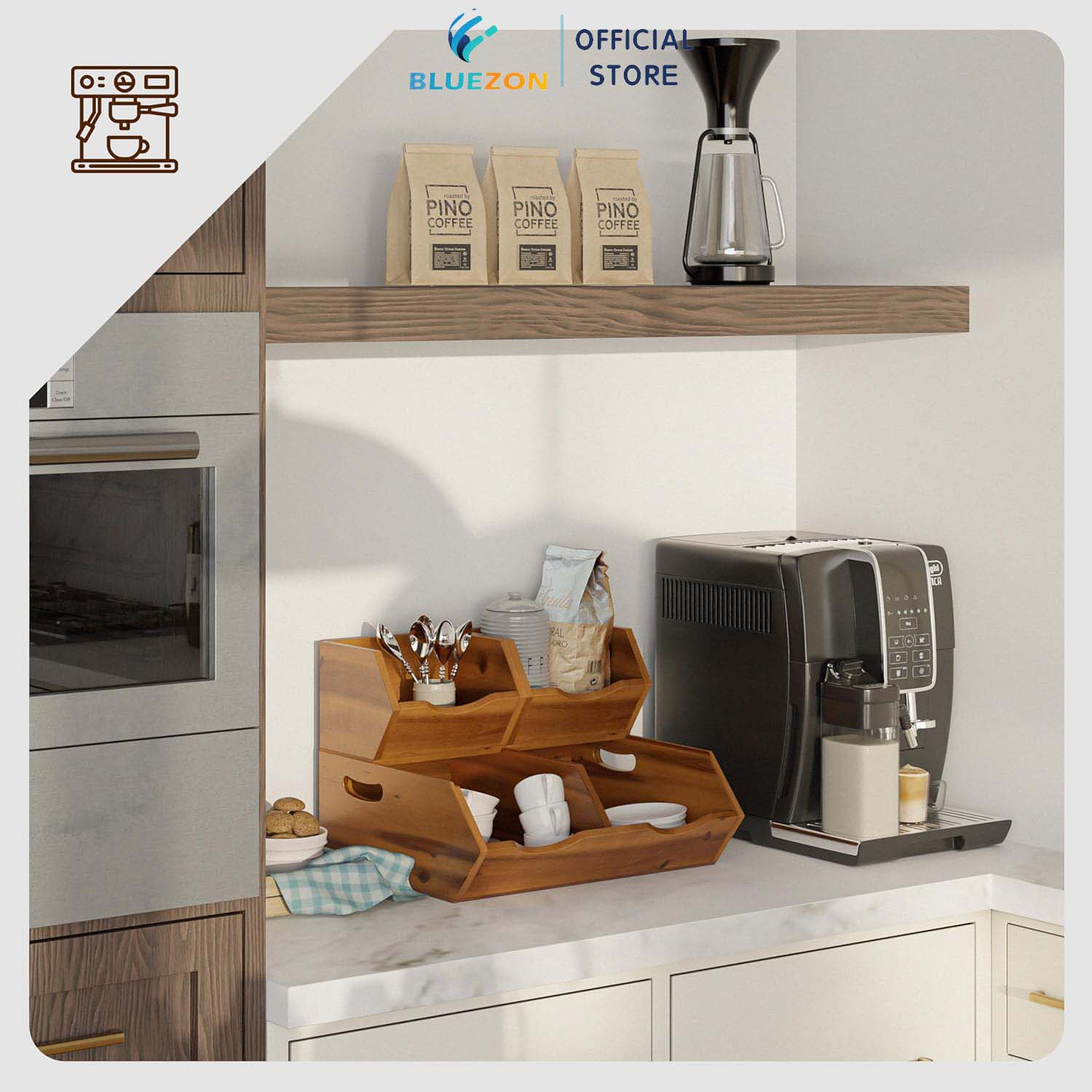 Kệ gỗ trái cây, gia vị BLUEZON 3 ngăn tách rời, trang trí trưng bày cửa hàng, nhà bếp