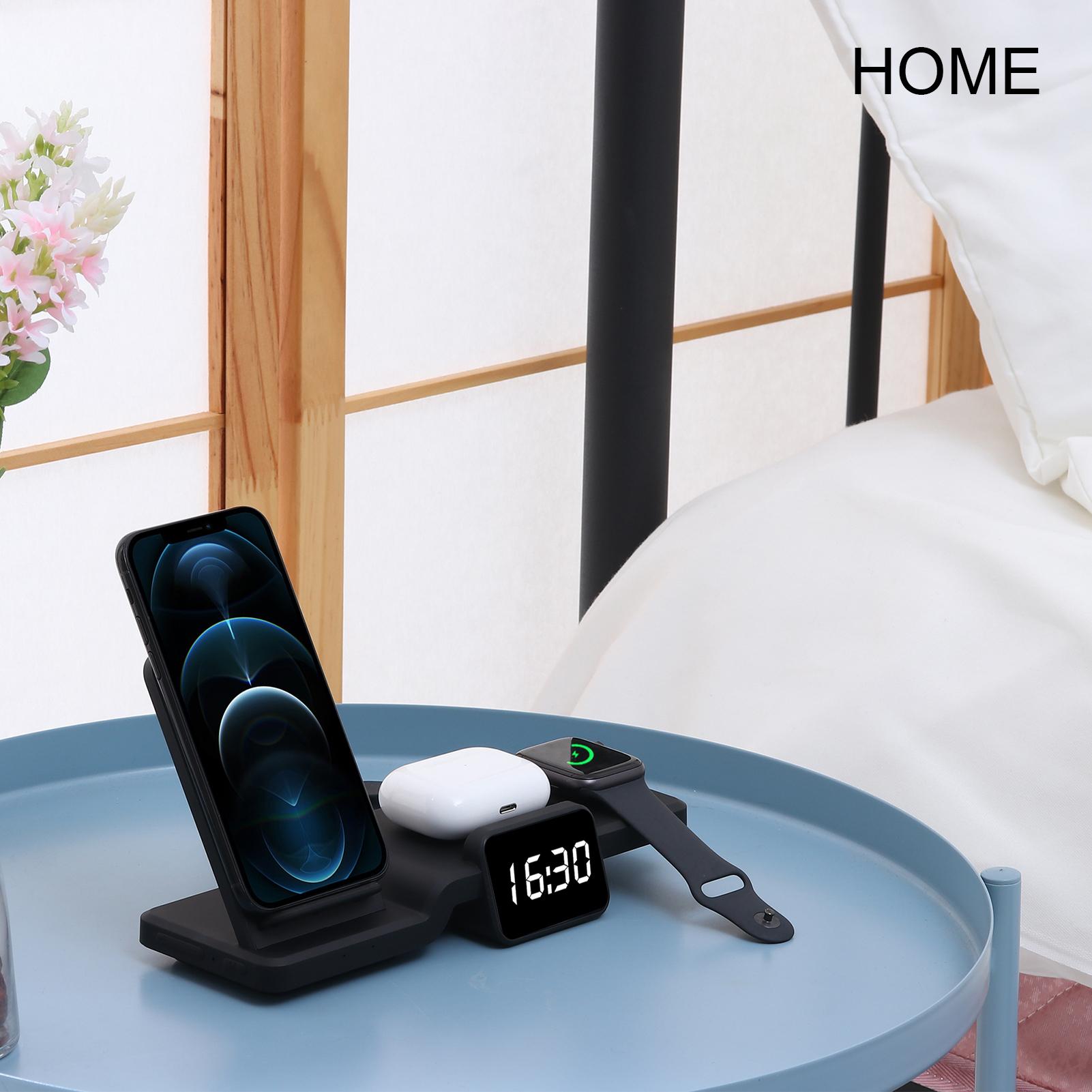 Đế sạc không dây 3 trong 1 có đồng hồ để sạc nhiều thiết bị Tương thích với điện thoại Android và iOS