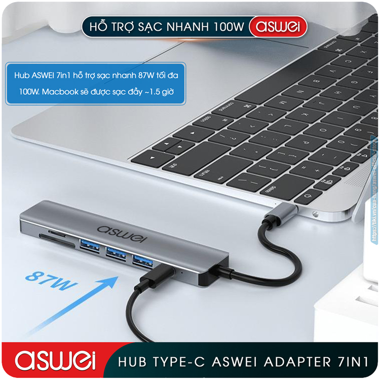 Hub Type C ASWEI 7 in 1 To HDMI, USB 3.0, SD, TF, USB C, PD - Hub Chuyển Đổi USB Type C 7 Cổng - Cổng Chia USB, Ổ Chia USB Tốc Độ Cao Dành Cho Macbook, Laptop, PC, Máy Tính Bảng, Điện Thoại - Hàng Chính Hãng