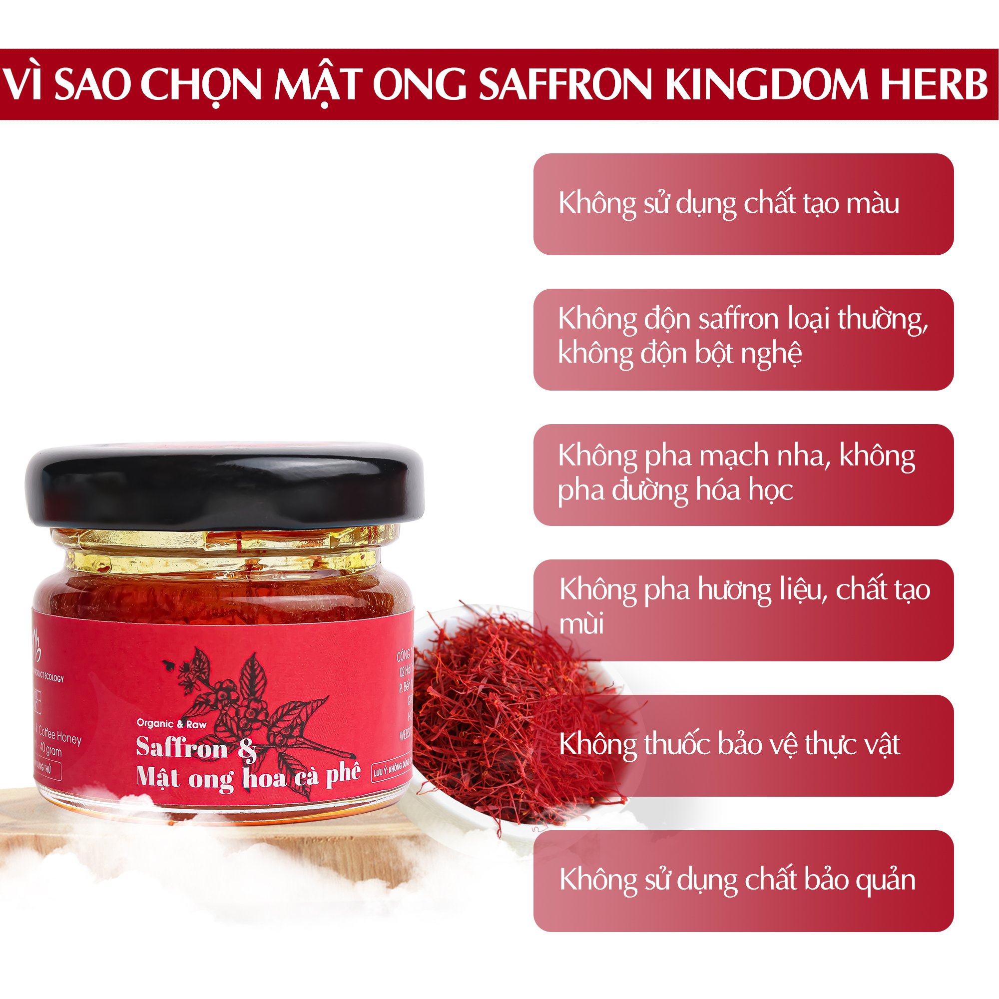 Saffron ngâm mật ong Kingdom Herb chính hãng thượng hạng nguyên chất 100% hộp 40g (Tặng bình nước thủy tinh)