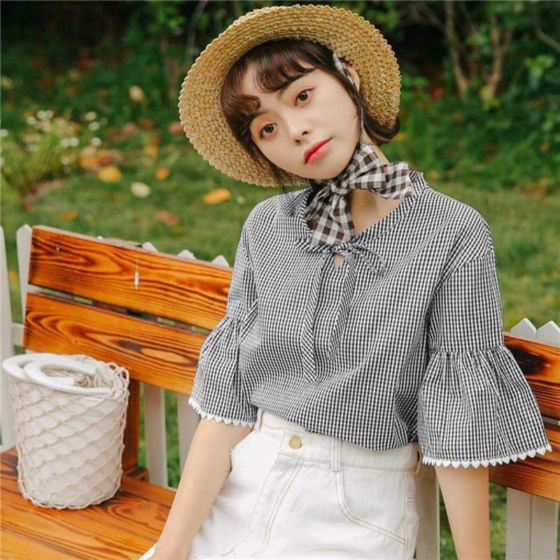 Áo kiểu nữáo kẻ caro cổ buộc nơ